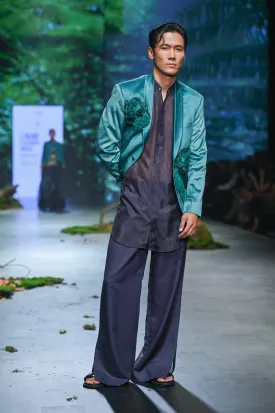 Black & Green Printed And Embroidered Jacket Set