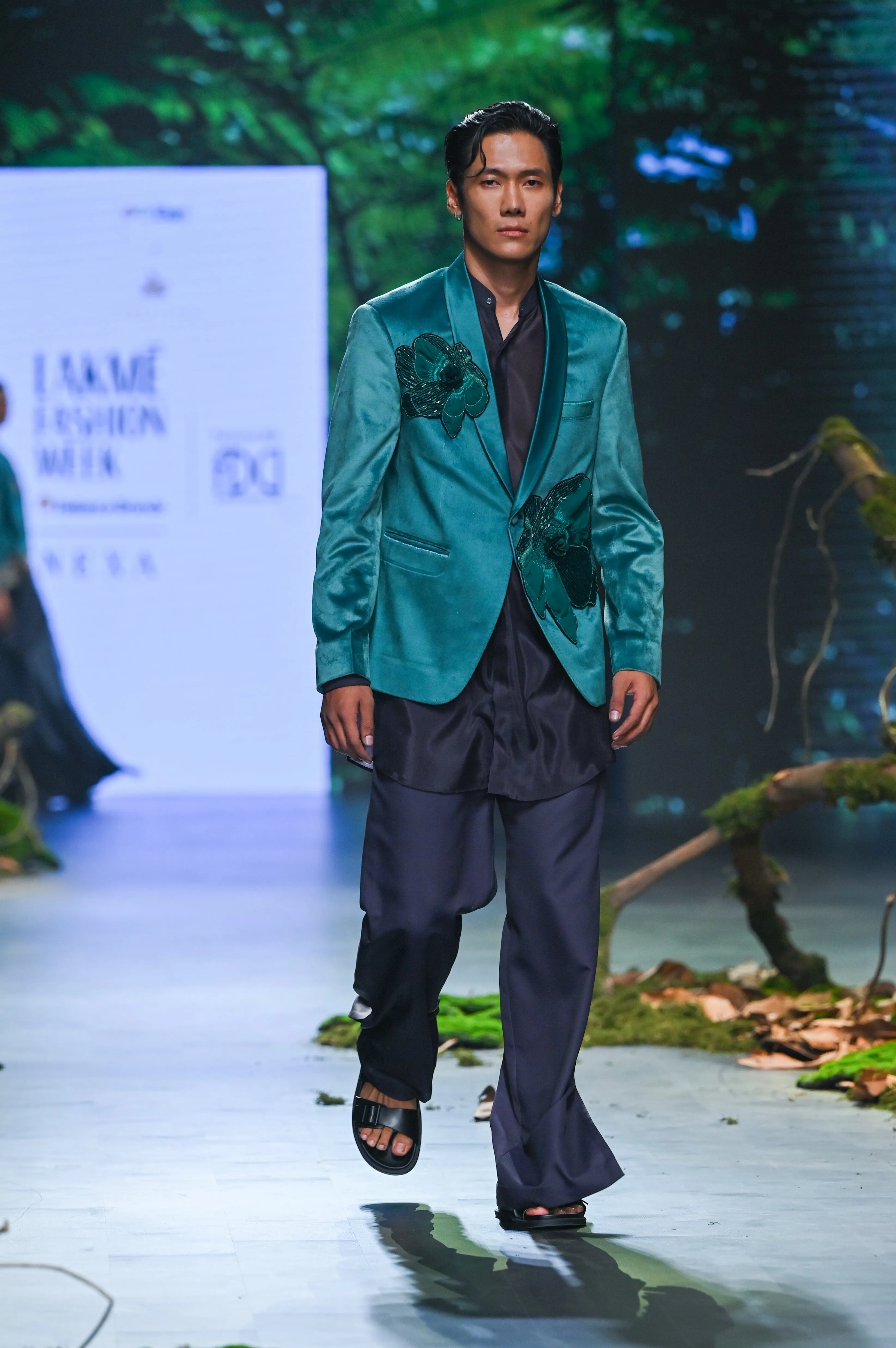 Black & Green Printed And Embroidered Jacket Set