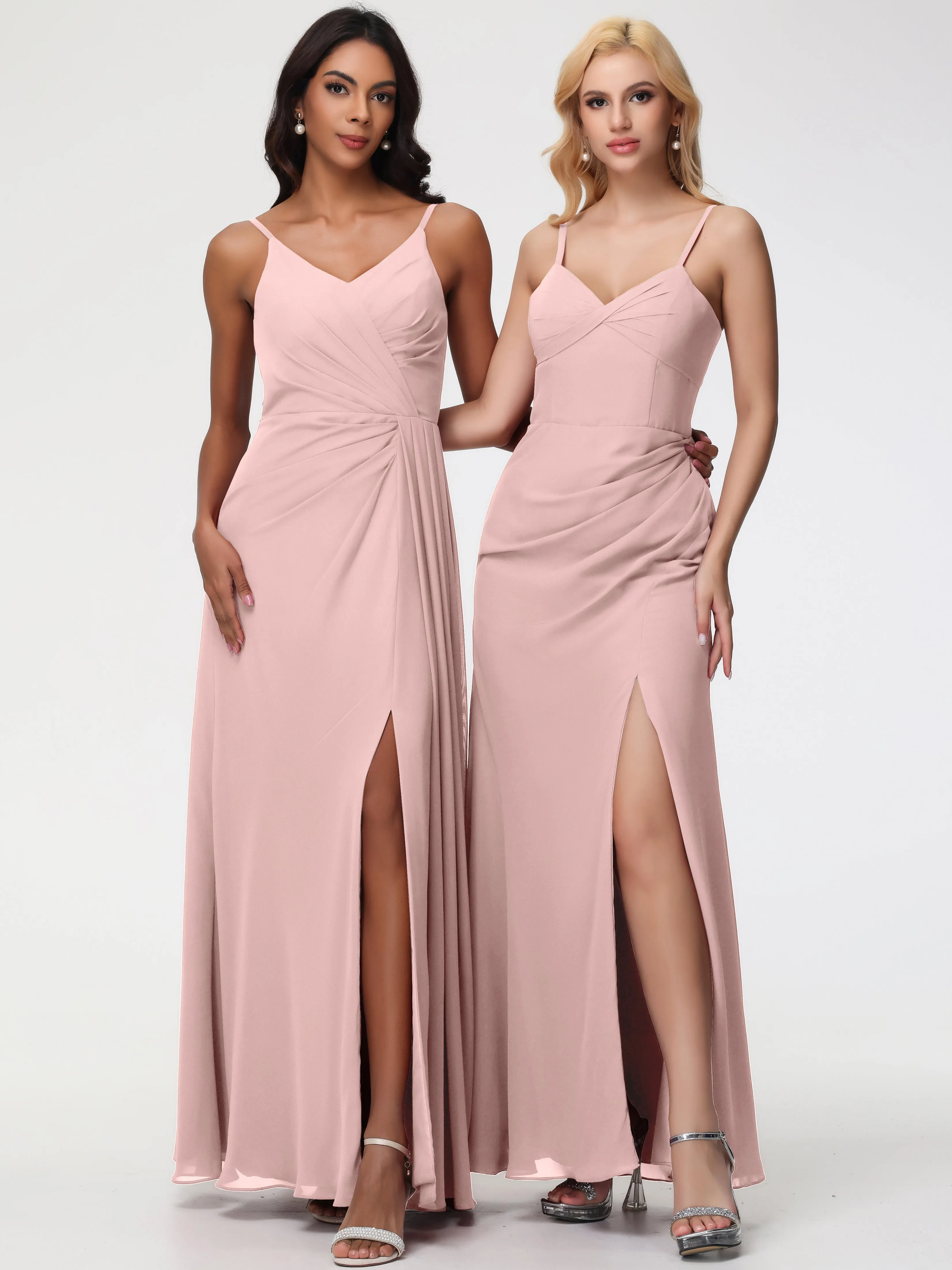 Bridesmaid Dresses Dusty Rose A-Line V-Neck Spaghetti Straps Ruched Chiffon Bridesmaid Dresses With Slit