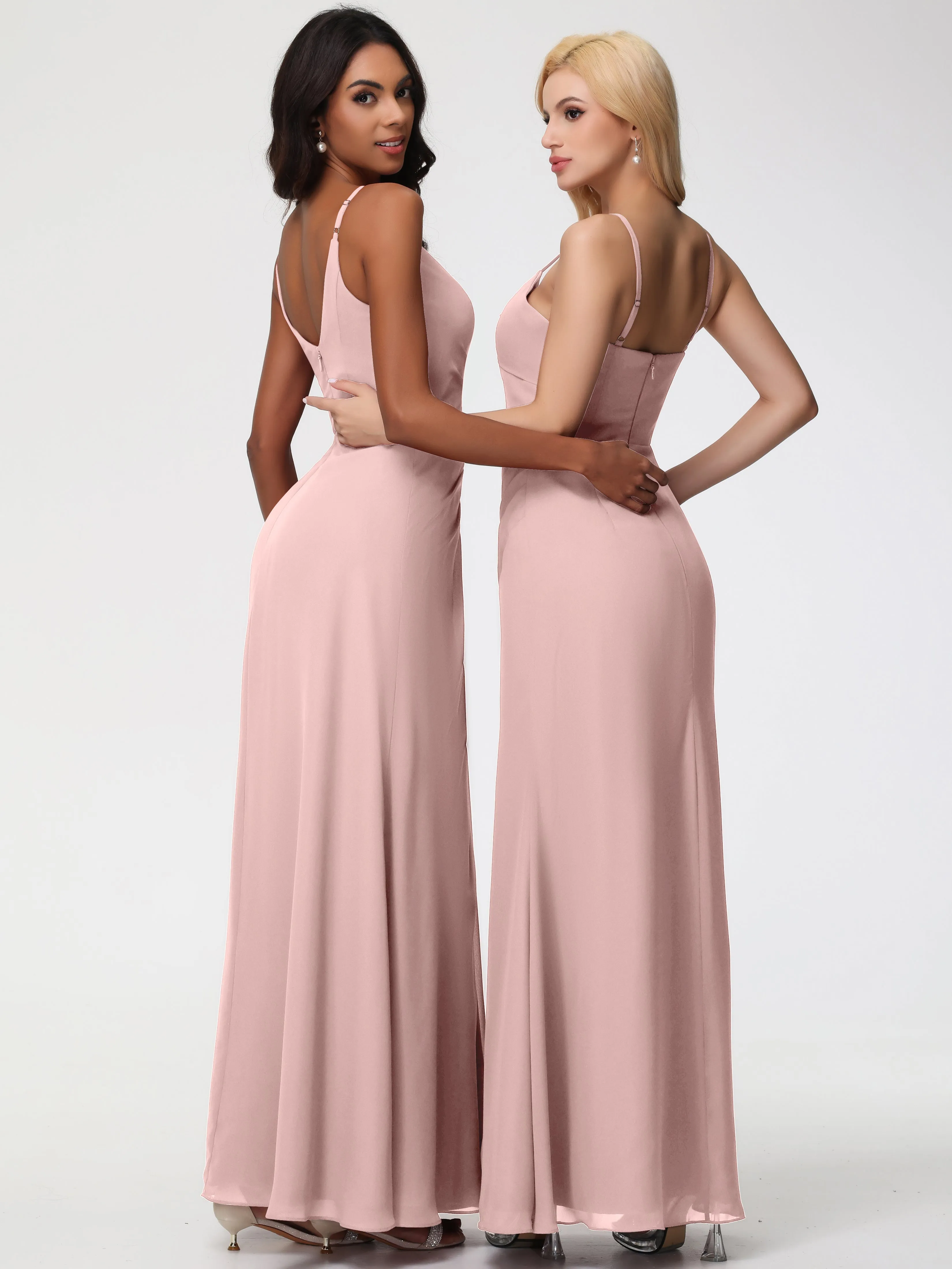 Bridesmaid Dresses Dusty Rose A-Line V-Neck Spaghetti Straps Ruched Chiffon Bridesmaid Dresses With Slit