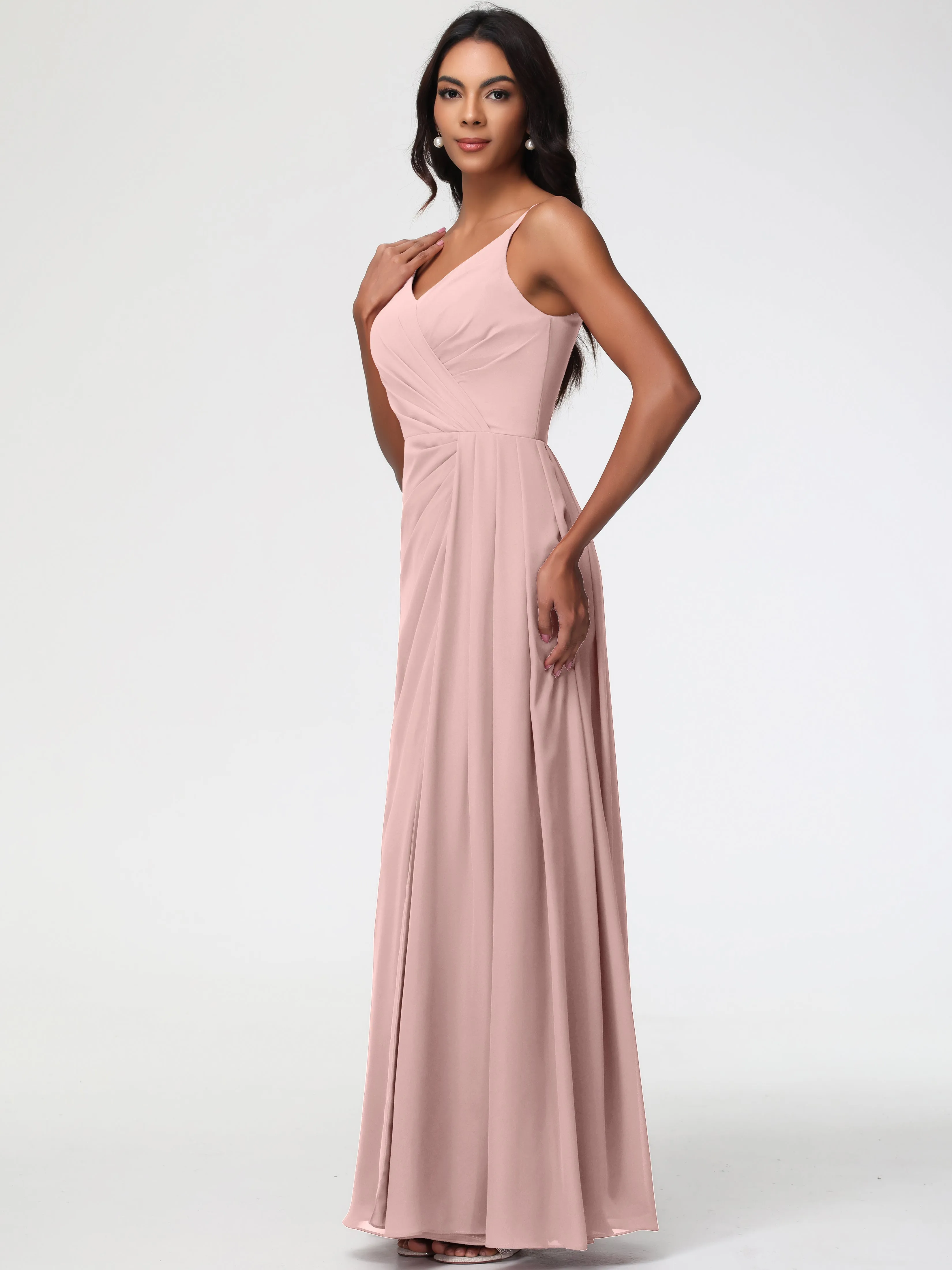 Bridesmaid Dresses Dusty Rose A-Line V-Neck Spaghetti Straps Ruched Chiffon Bridesmaid Dresses With Slit