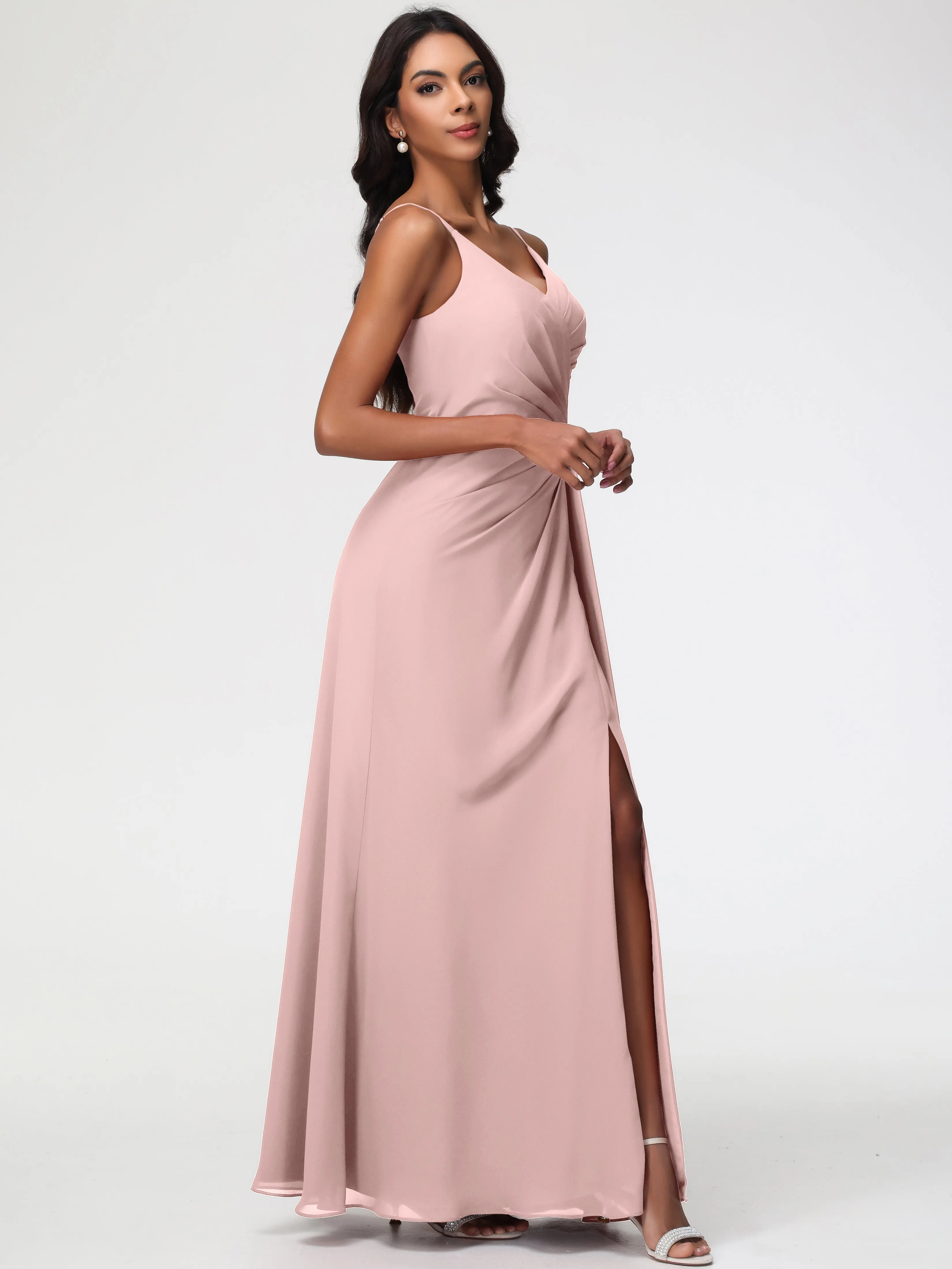 Bridesmaid Dresses Dusty Rose A-Line V-Neck Spaghetti Straps Ruched Chiffon Bridesmaid Dresses With Slit