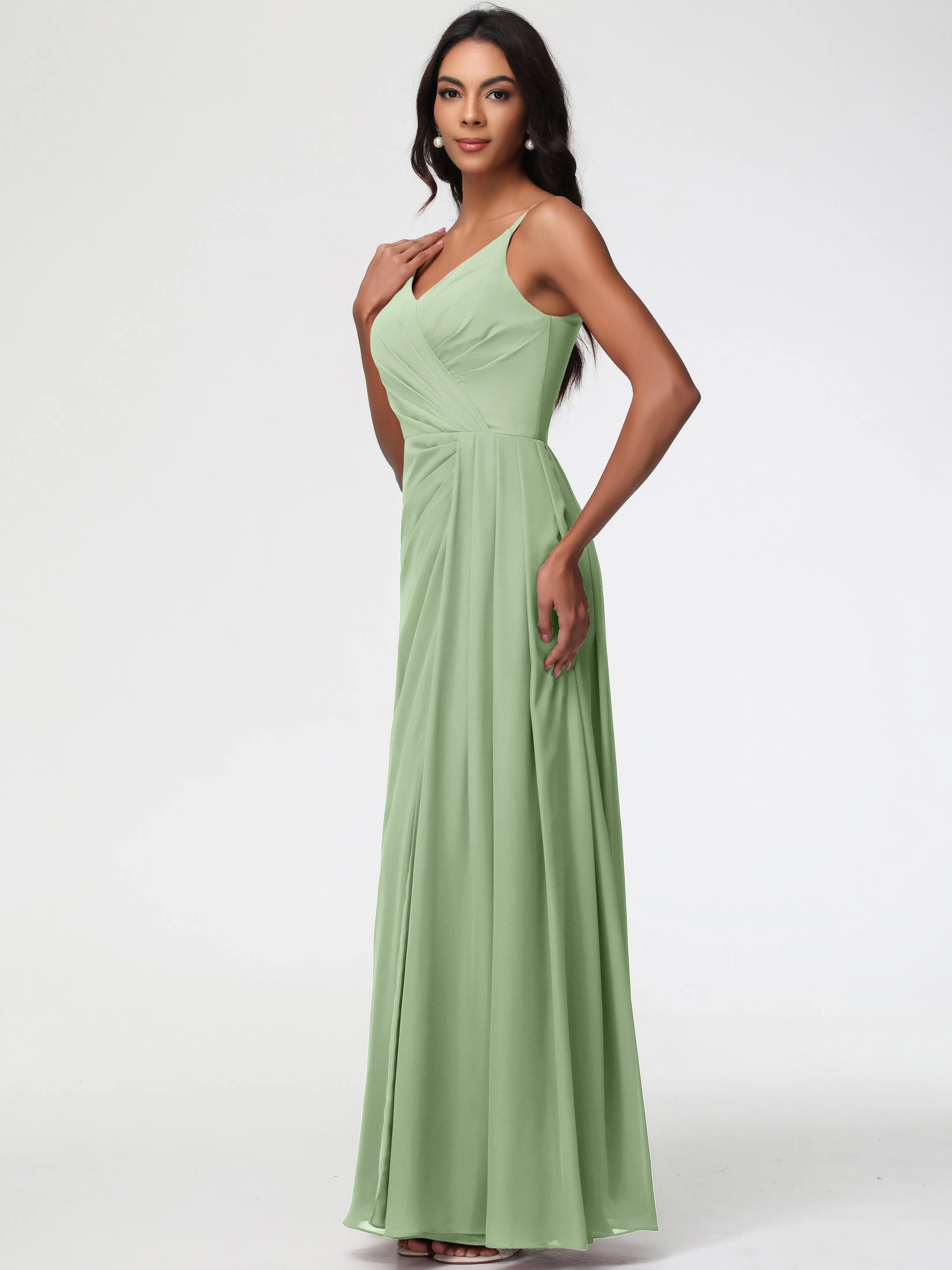 Dusty Sage Bridesmaid A-Line V-Neck Spaghetti Straps Ruched Chiffon Bridesmaid Dresses With Slit