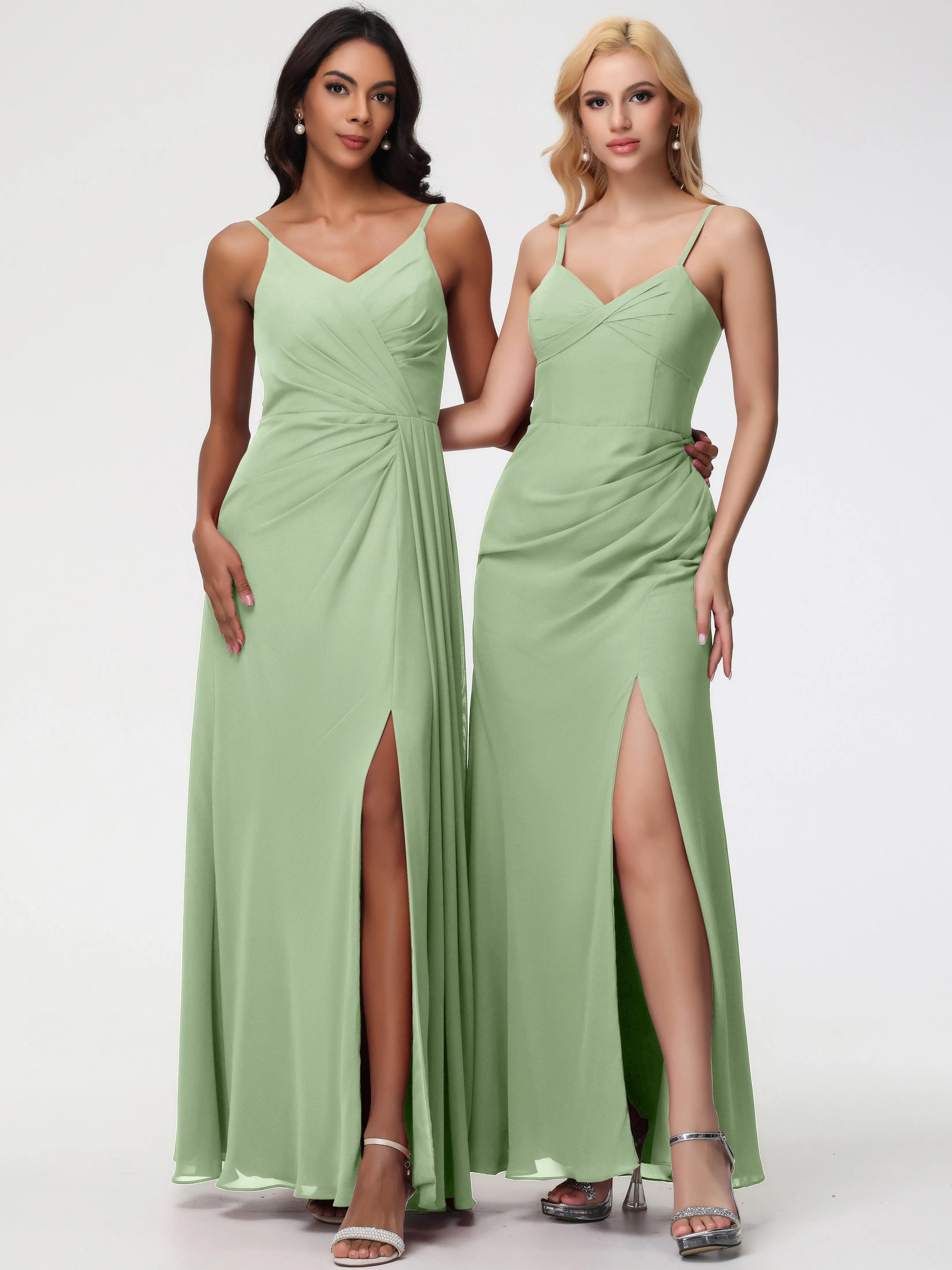 Dusty Sage Bridesmaid A-Line V-Neck Spaghetti Straps Ruched Chiffon Bridesmaid Dresses With Slit