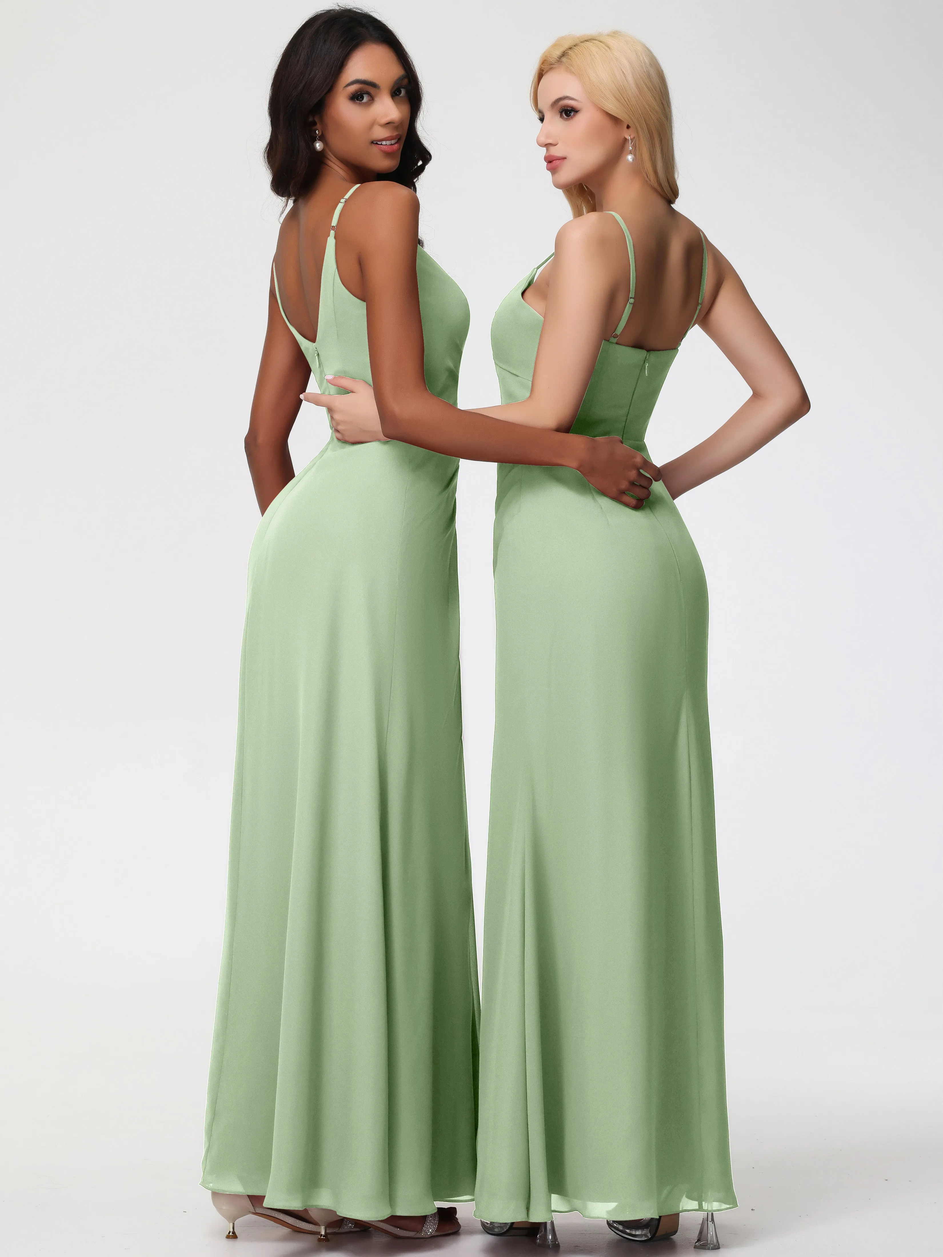 Dusty Sage Bridesmaid A-Line V-Neck Spaghetti Straps Ruched Chiffon Bridesmaid Dresses With Slit