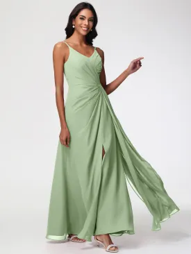 Dusty Sage Bridesmaid A-Line V-Neck Spaghetti Straps Ruched Chiffon Bridesmaid Dresses With Slit