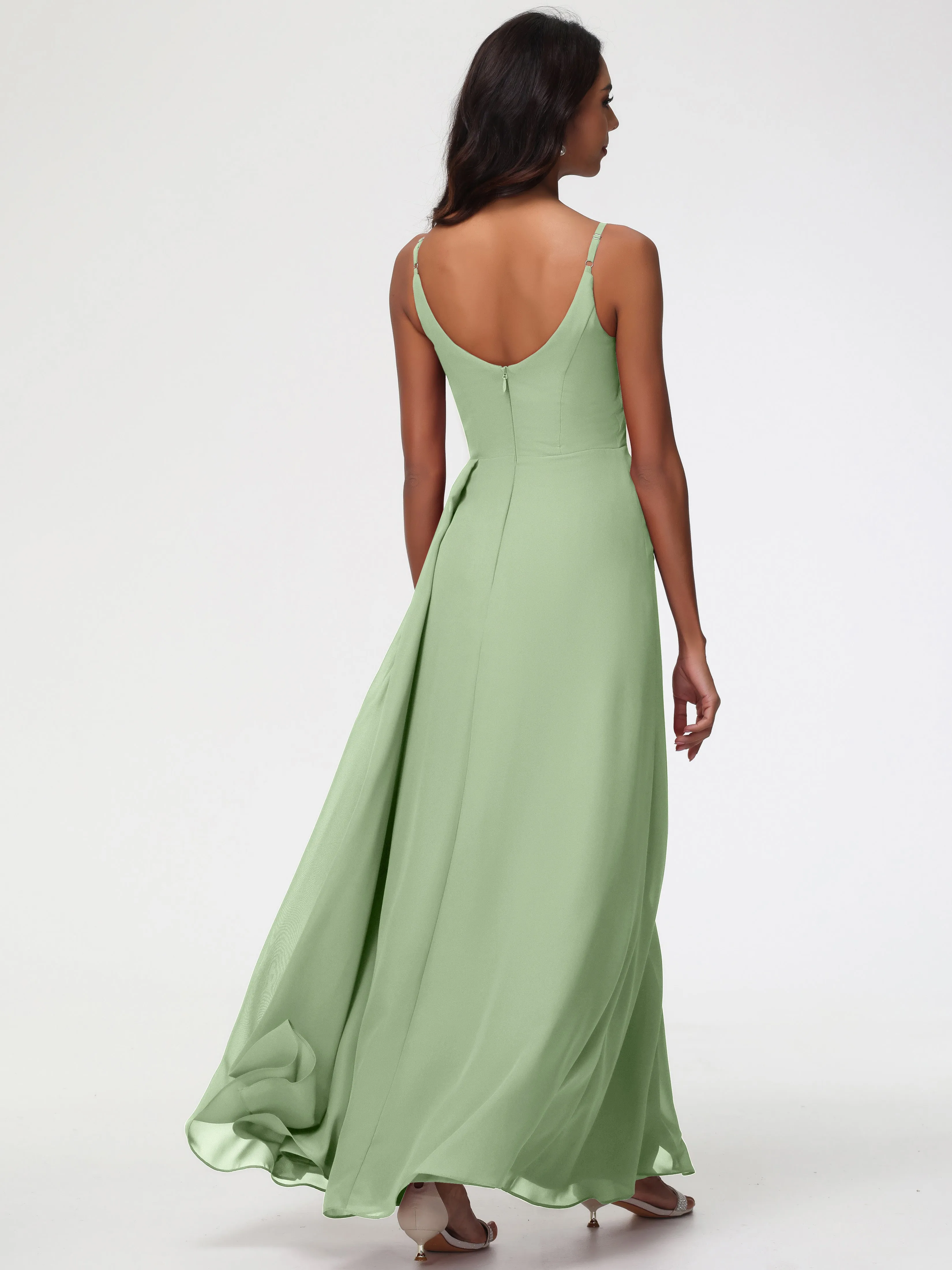 Dusty Sage Bridesmaid A-Line V-Neck Spaghetti Straps Ruched Chiffon Bridesmaid Dresses With Slit