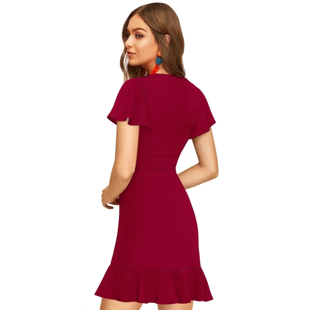 Fashionista Women's Knitting strachable Solid V Neck Flaired Sleeve Dress
