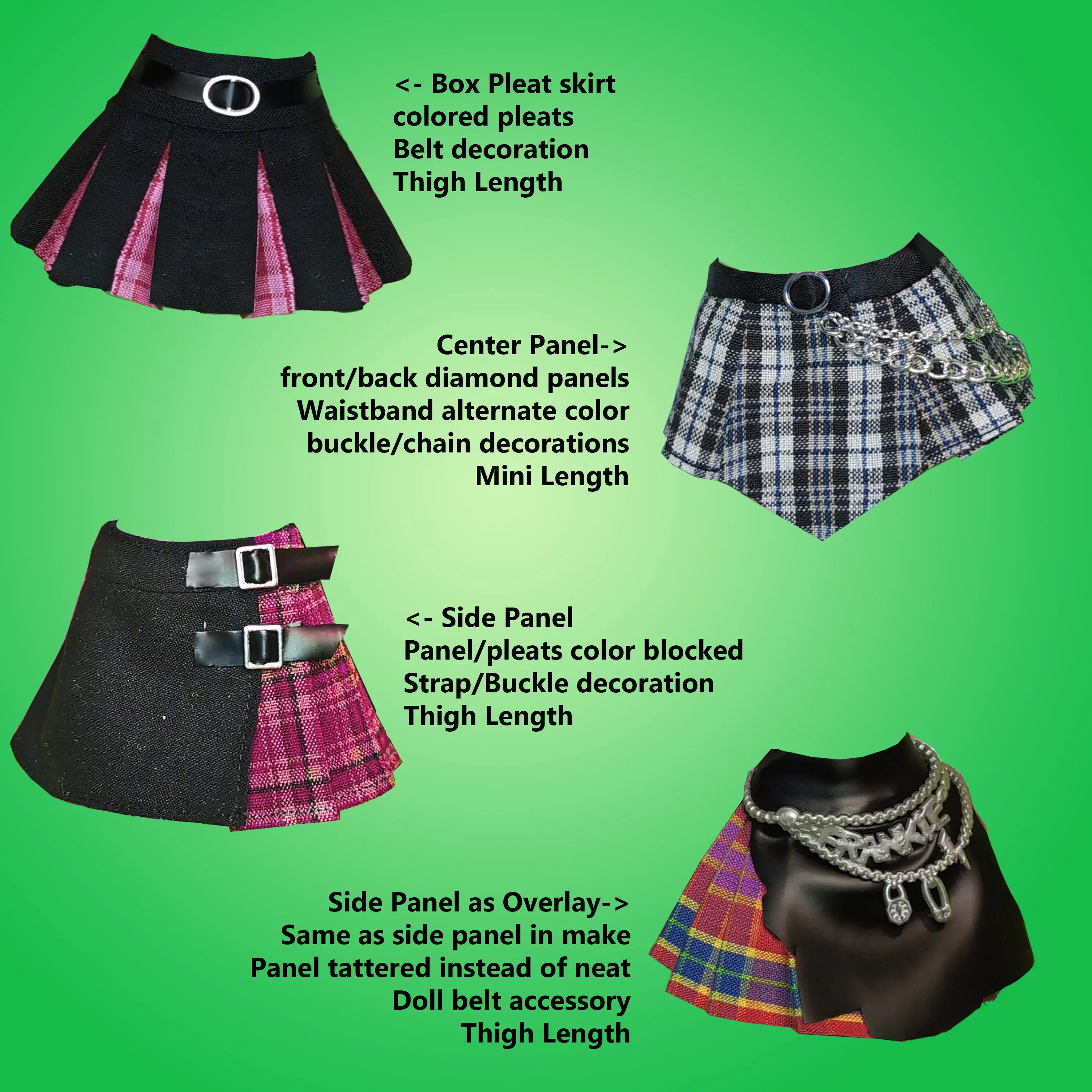 MG 11.5" Fashion Doll - PLEATS & PLAID - Punky knife and box pleated skirts with panels - Downloadable RAD Doll Clothes PDF Sewing Pattern