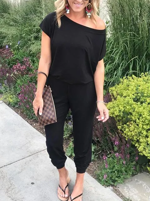 Short Sleeve Solid Color Casual Jumpsuit