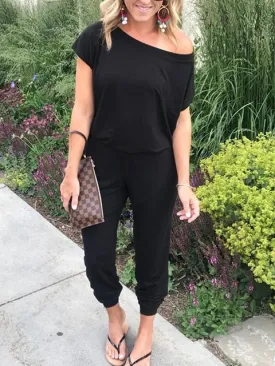 Short Sleeve Solid Color Casual Jumpsuit