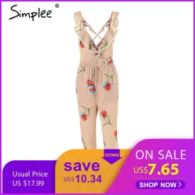 Simplee Cross v neck boho floral print jumpsuit Ruffle lace up sexy jumpsuit women