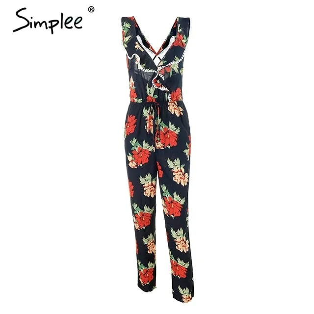 Simplee Cross v neck boho floral print jumpsuit Ruffle lace up sexy jumpsuit women