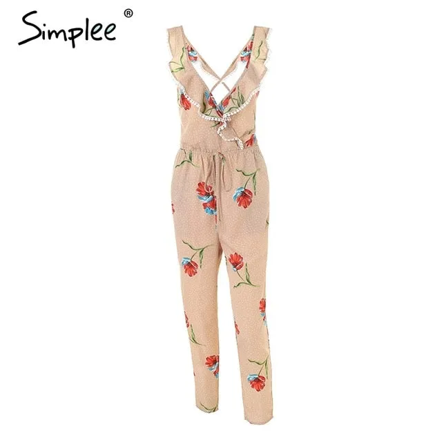 Simplee Cross v neck boho floral print jumpsuit Ruffle lace up sexy jumpsuit women