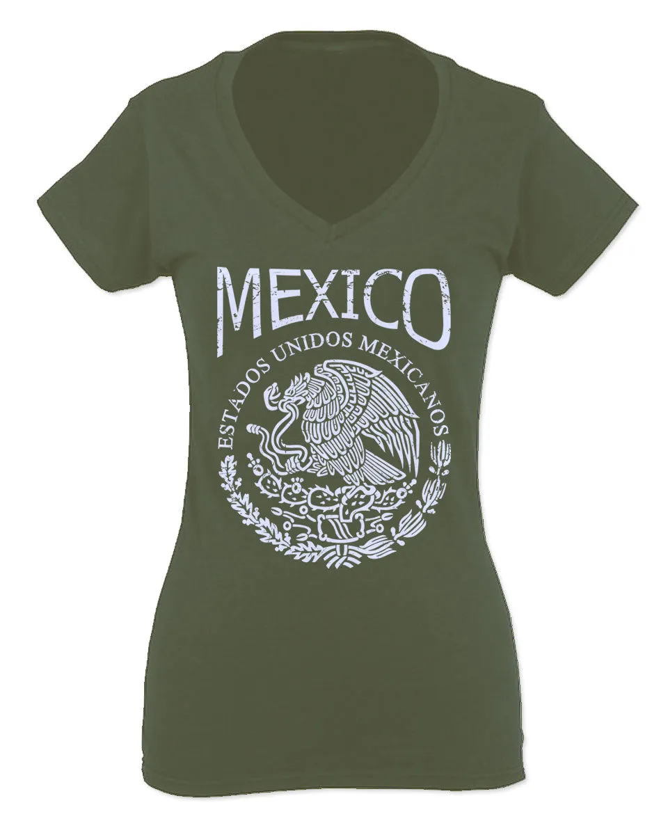 VICES AND VIRTUESS Front Hecho En Mexico Mexican Flag Coat of Arms Escudo Mexicano For Women V neck fitted T Shirt