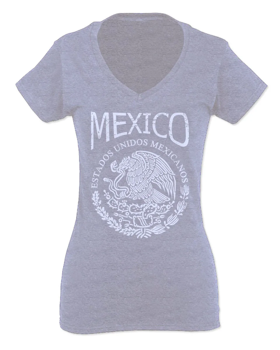 VICES AND VIRTUESS Front Hecho En Mexico Mexican Flag Coat of Arms Escudo Mexicano For Women V neck fitted T Shirt