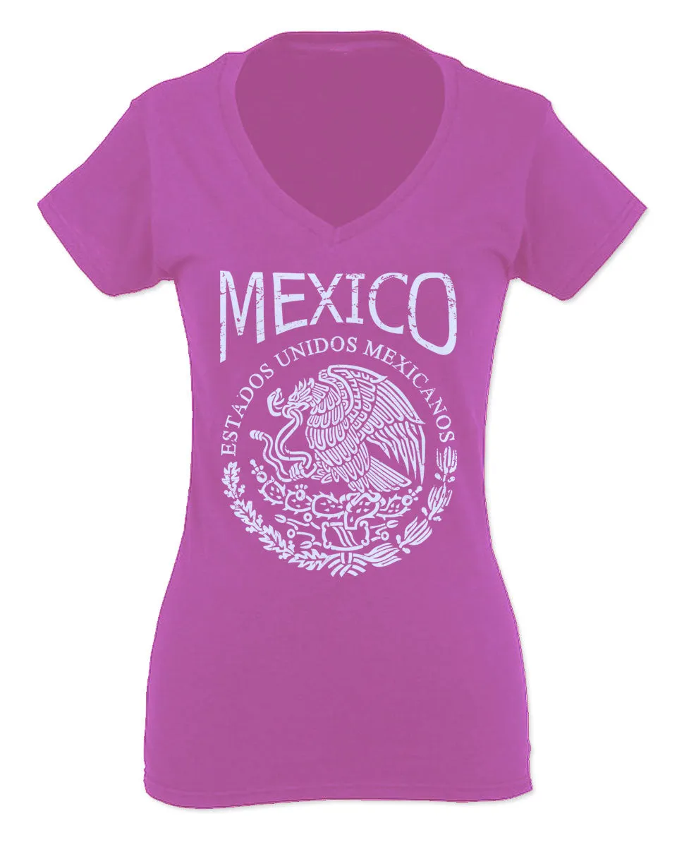 VICES AND VIRTUESS Front Hecho En Mexico Mexican Flag Coat of Arms Escudo Mexicano For Women V neck fitted T Shirt