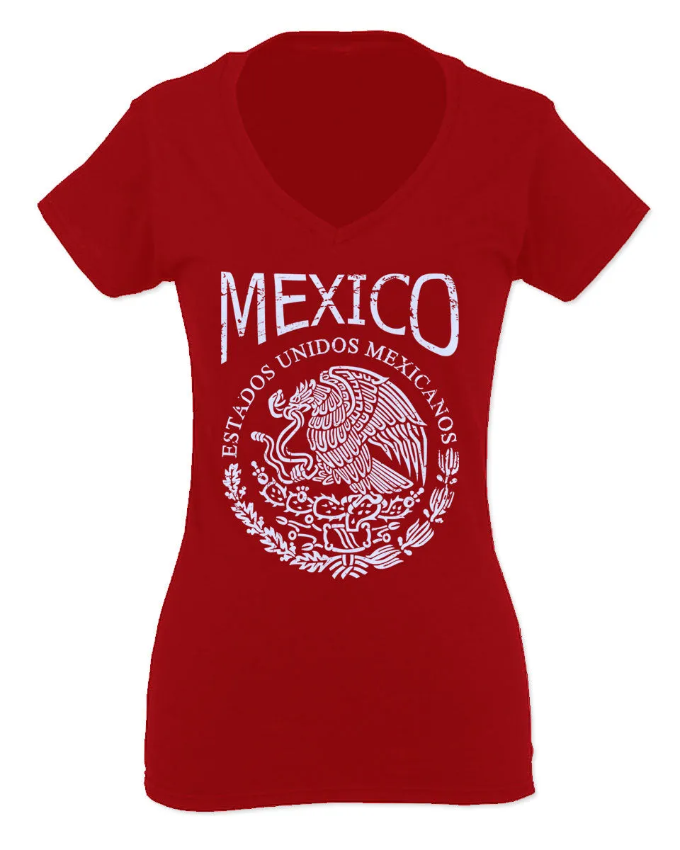 VICES AND VIRTUESS Front Hecho En Mexico Mexican Flag Coat of Arms Escudo Mexicano For Women V neck fitted T Shirt
