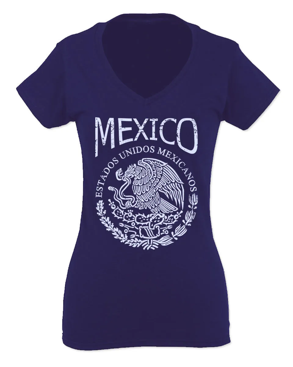 VICES AND VIRTUESS Front Hecho En Mexico Mexican Flag Coat of Arms Escudo Mexicano For Women V neck fitted T Shirt