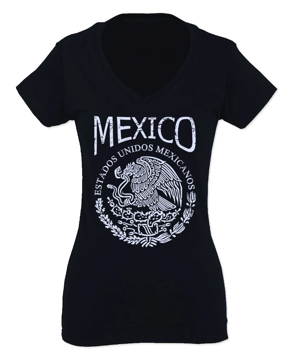 VICES AND VIRTUESS Front Hecho En Mexico Mexican Flag Coat of Arms Escudo Mexicano For Women V neck fitted T Shirt