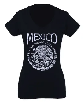 VICES AND VIRTUESS Front Hecho En Mexico Mexican Flag Coat of Arms Escudo Mexicano For Women V neck fitted T Shirt