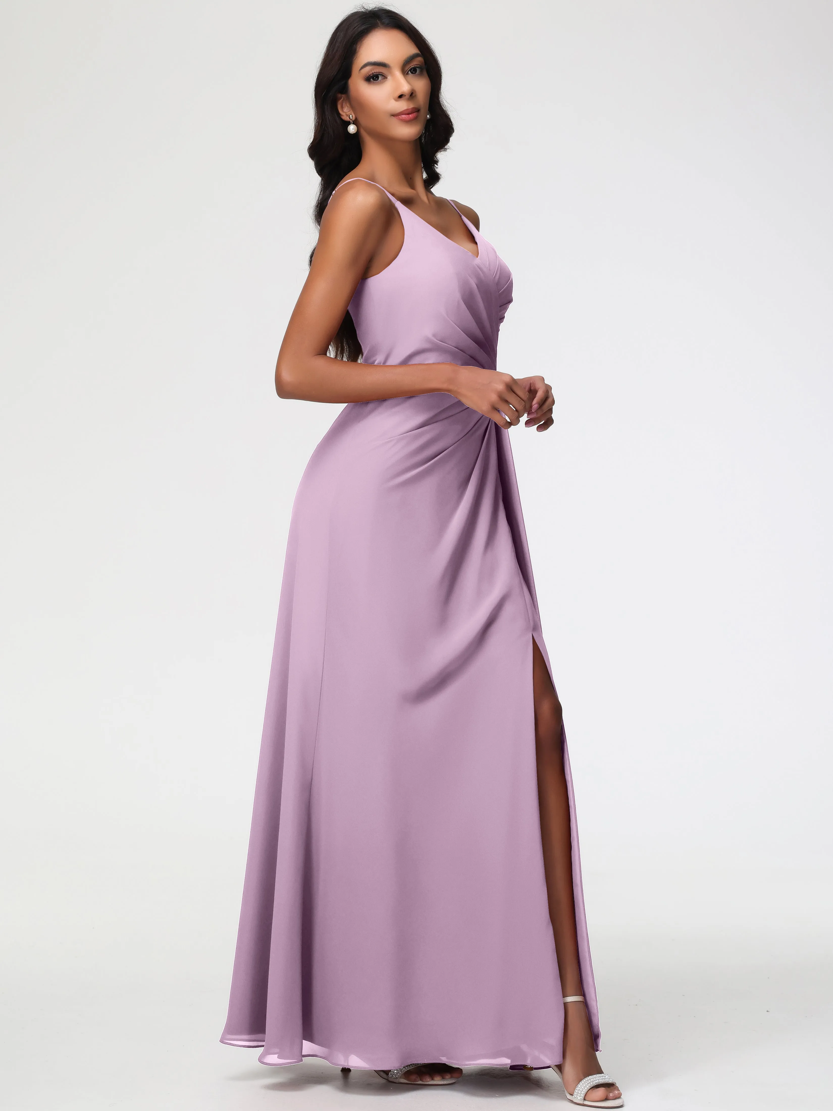 Wisteria Color Bridesmaid Dresses A-Line V-Neck Spaghetti Straps Ruched Chiffon Bridesmaid Dresses With Slit
