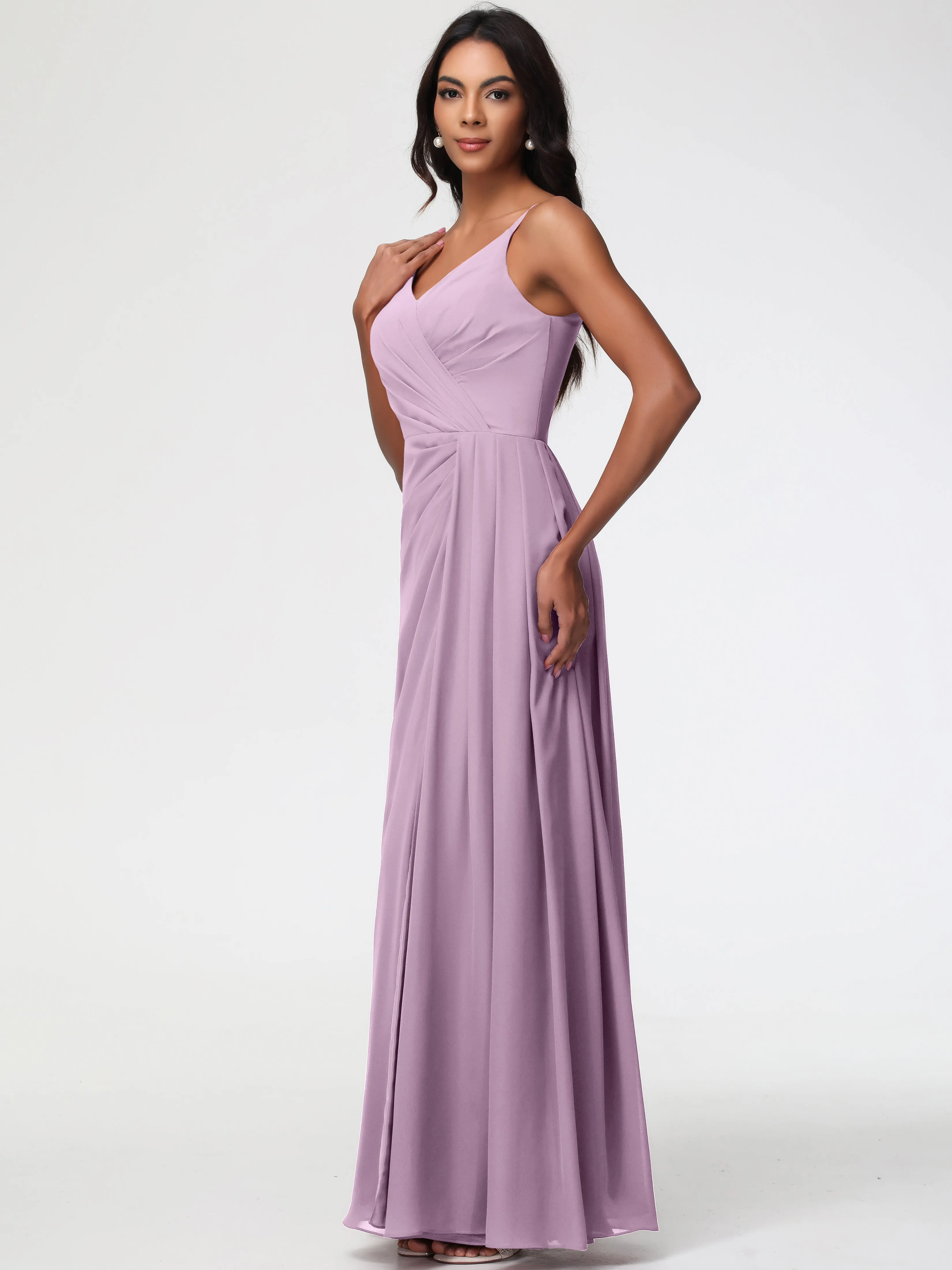 Wisteria Color Bridesmaid Dresses A-Line V-Neck Spaghetti Straps Ruched Chiffon Bridesmaid Dresses With Slit