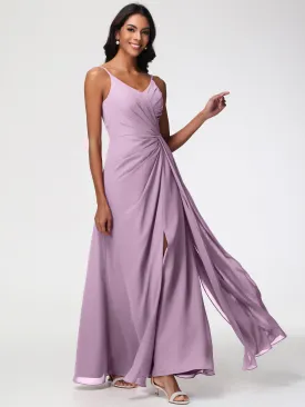 Wisteria Color Bridesmaid Dresses A-Line V-Neck Spaghetti Straps Ruched Chiffon Bridesmaid Dresses With Slit