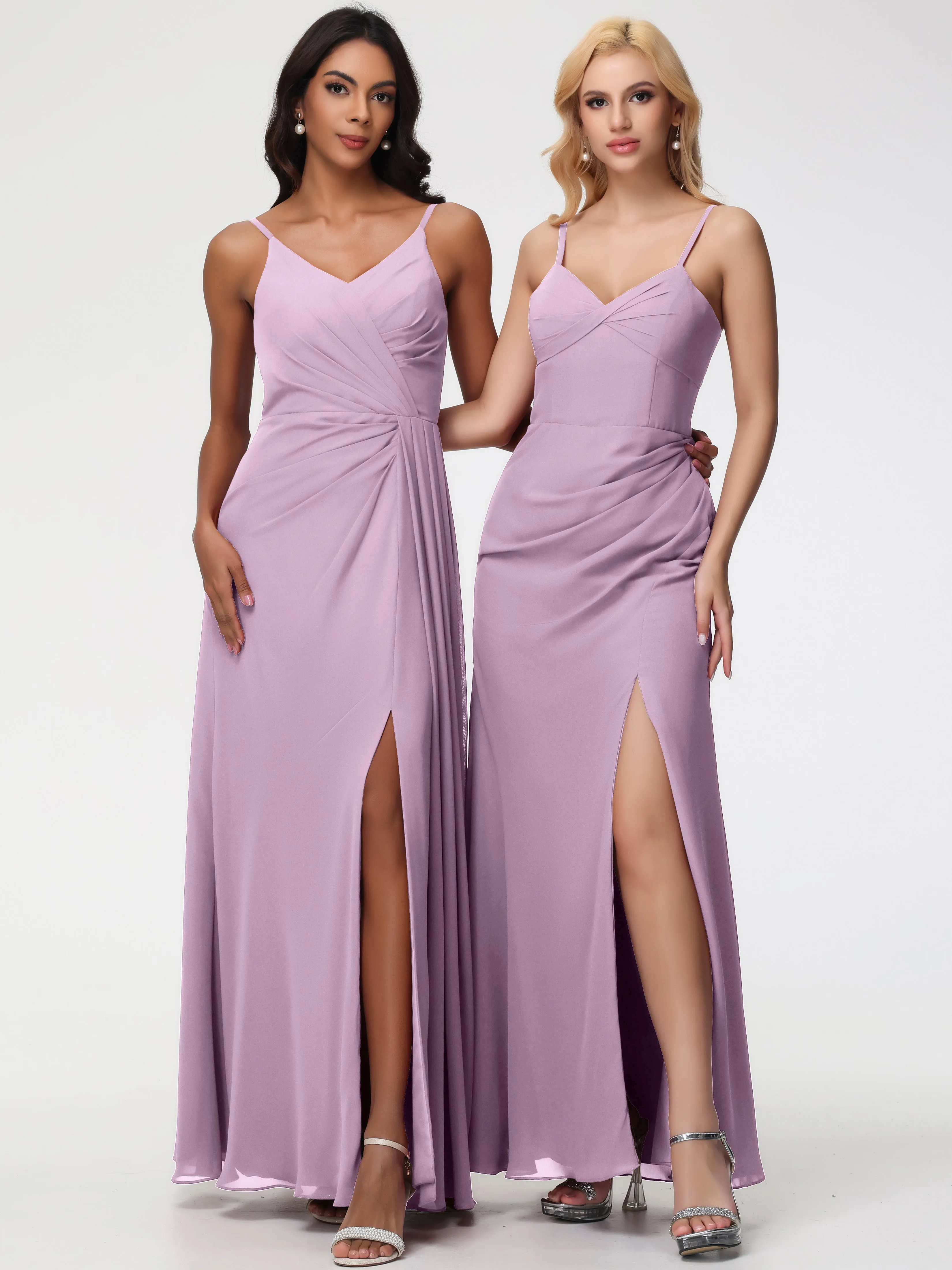Wisteria Color Bridesmaid Dresses A-Line V-Neck Spaghetti Straps Ruched Chiffon Bridesmaid Dresses With Slit