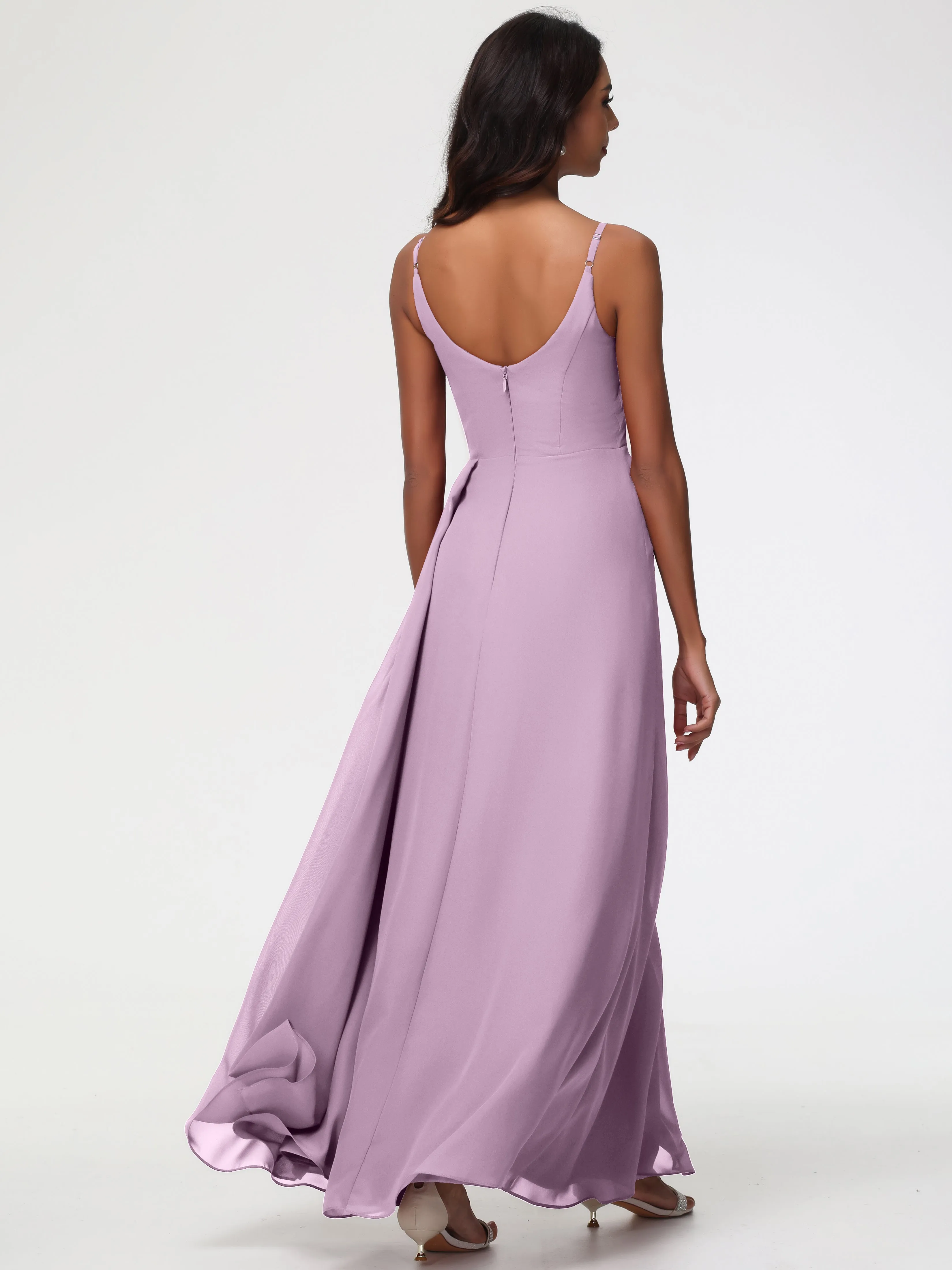 Wisteria Color Bridesmaid Dresses A-Line V-Neck Spaghetti Straps Ruched Chiffon Bridesmaid Dresses With Slit