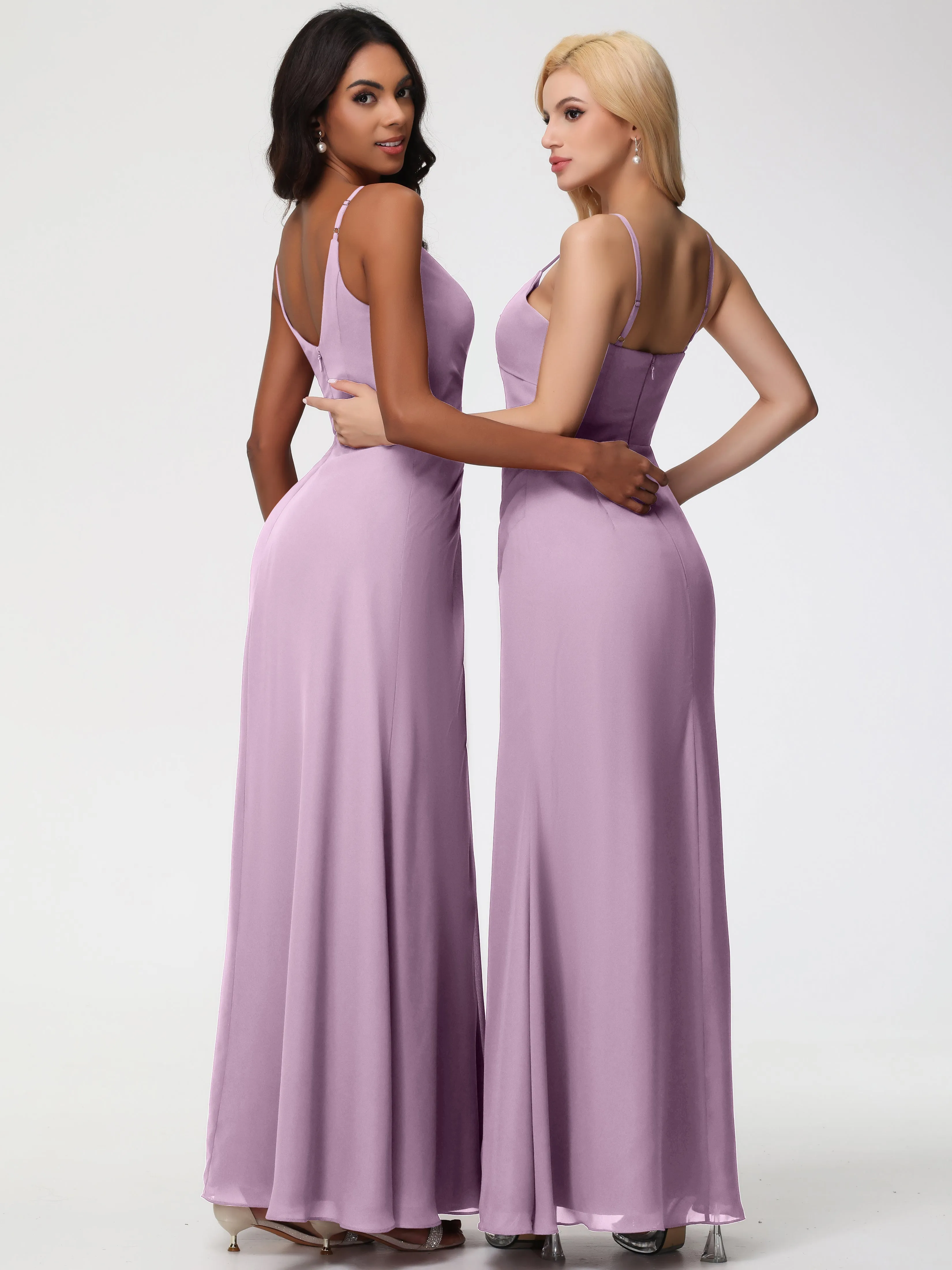 Wisteria Color Bridesmaid Dresses A-Line V-Neck Spaghetti Straps Ruched Chiffon Bridesmaid Dresses With Slit