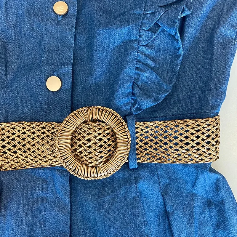 Women Simple Ruffle Blue Denim V-neck High Waist Jumpsuit