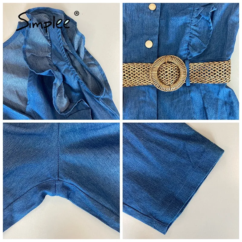 Women Simple Ruffle Blue Denim V-neck High Waist Jumpsuit